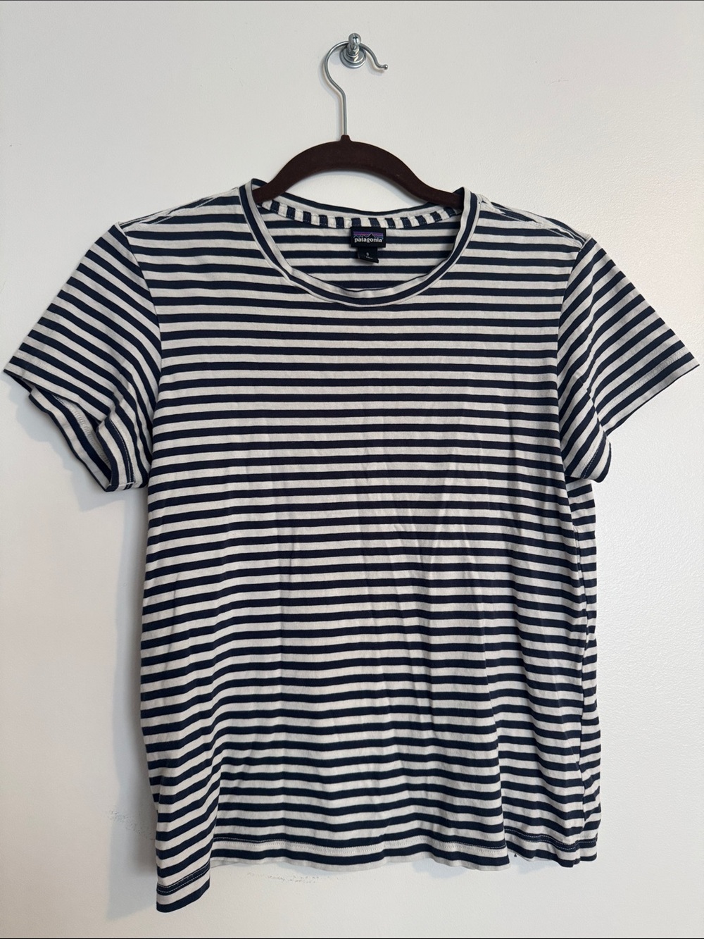 Patagonia Women's Navy & White Striped Short Sleeve Tee